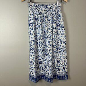Joie Linen Maxi Skirt Blue White Floral Womens Size Medium Smocked Waist Pockets